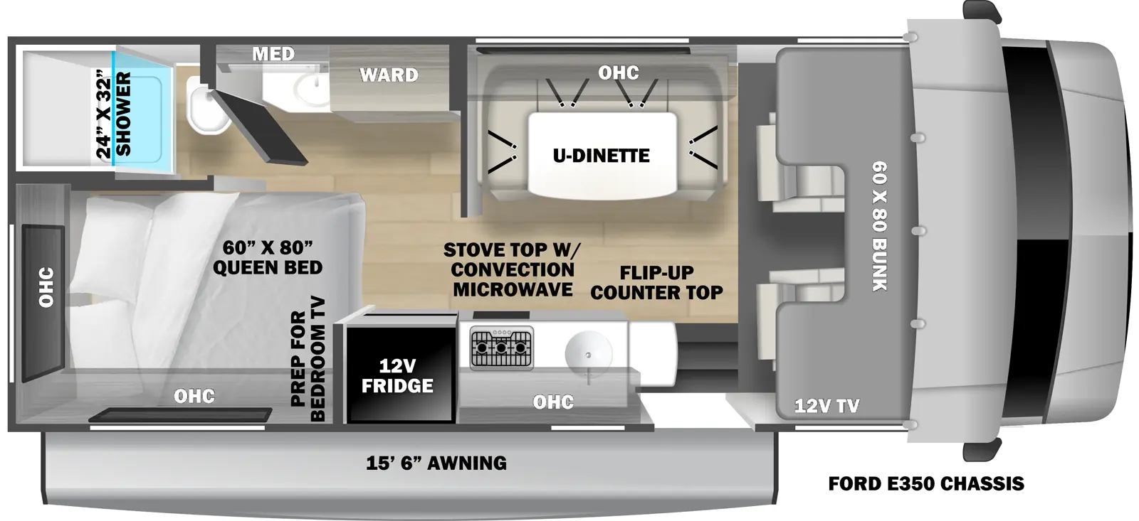 The Solera 22N floorplan has one entry and zero slide outs. Exterior features include: 15' 6" awning. Interiors features include: bunk over cab, u-dinette and dinette.